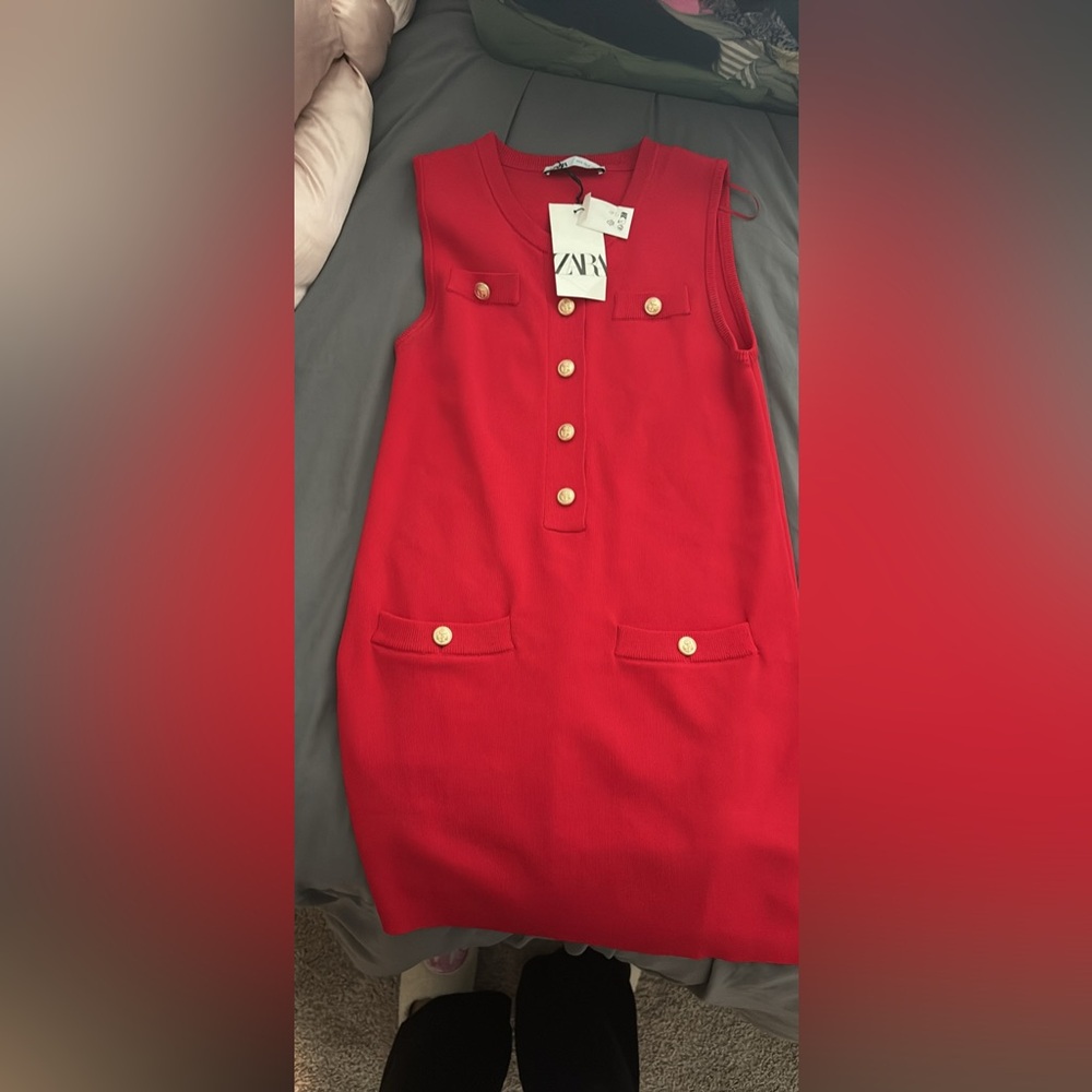 Red Sleeveless Dress with Gold Buttonsnever worn
